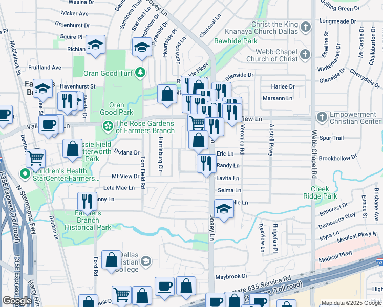 map of restaurants, bars, coffee shops, grocery stores, and more near 2802 Escada Drive in Dallas