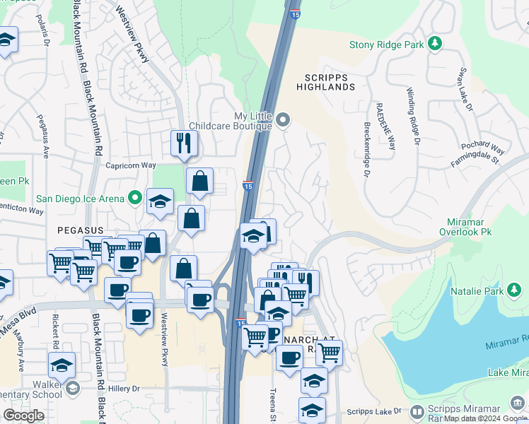 map of restaurants, bars, coffee shops, grocery stores, and more near 207 Scipps Westview Way in San Diego