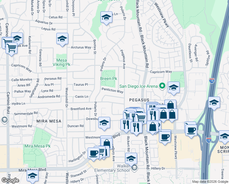 map of restaurants, bars, coffee shops, grocery stores, and more near 9081 Penticton Way in San Diego