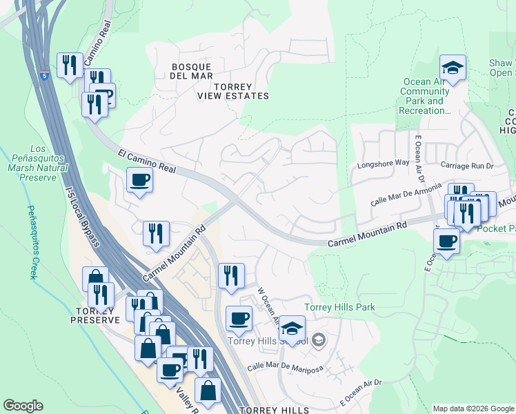 map of restaurants, bars, coffee shops, grocery stores, and more near 11237 Carmel Creek Road in San Diego