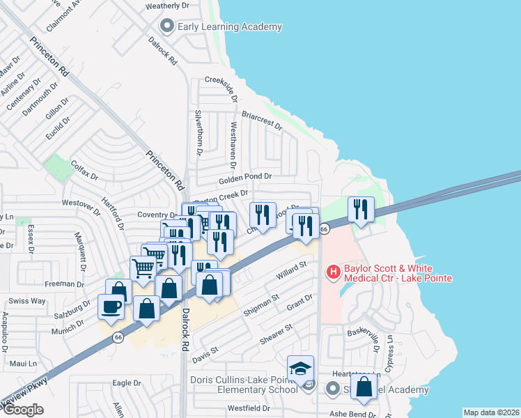 map of restaurants, bars, coffee shops, grocery stores, and more near 6809 Chimneywood Circle in Rowlett