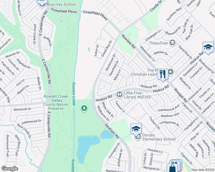 map of restaurants, bars, coffee shops, grocery stores, and more near 6925 Hominy Ridge in Rowlett