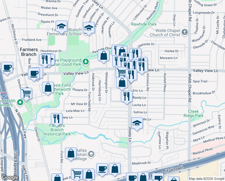 map of restaurants, bars, coffee shops, grocery stores, and more near 2802 Escada Drive in Dallas