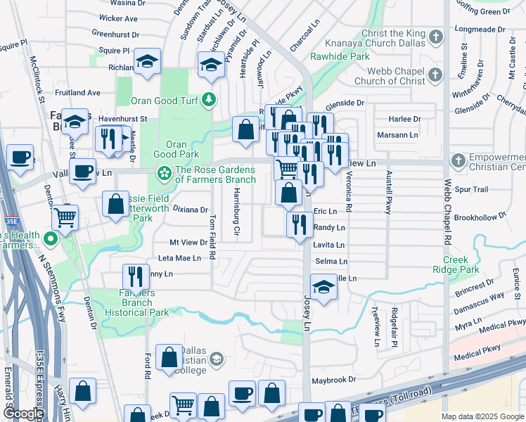 map of restaurants, bars, coffee shops, grocery stores, and more near 12818 Wilmington Drive in Farmers Branch