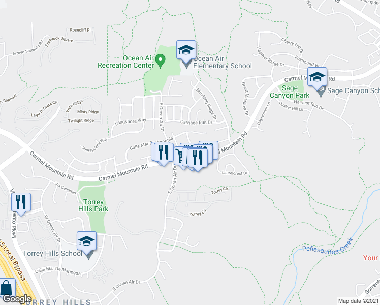 map of restaurants, bars, coffee shops, grocery stores, and more near 11208 Vereda Mar De Corazon in San Diego