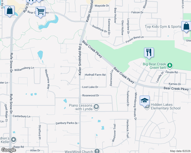 map of restaurants, bars, coffee shops, grocery stores, and more near 1528 Hudnall Farm Road in Keller
