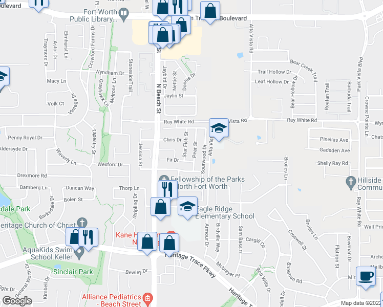 map of restaurants, bars, coffee shops, grocery stores, and more near 10113 Pear Street in Fort Worth