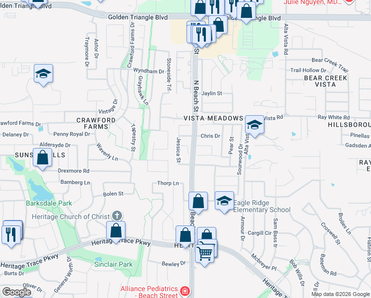 map of restaurants, bars, coffee shops, grocery stores, and more near 4408 Spruce Pine Court in Fort Worth
