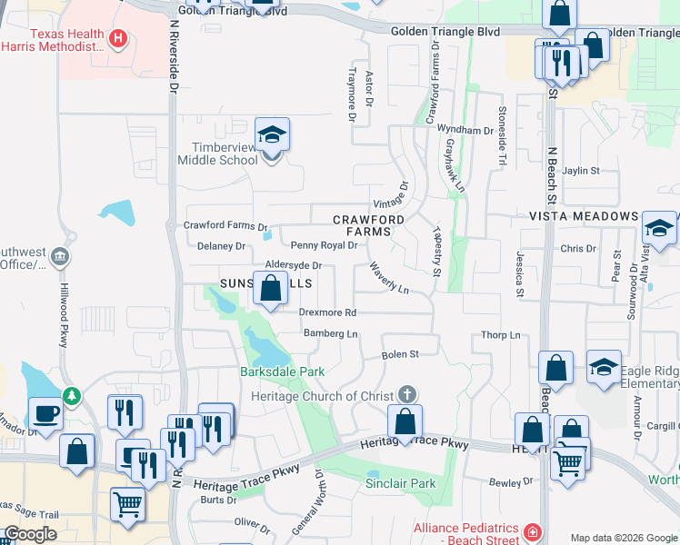 map of restaurants, bars, coffee shops, grocery stores, and more near 10037 Cade Trail in Fort Worth