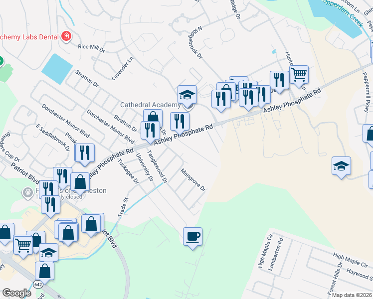 map of restaurants, bars, coffee shops, grocery stores, and more near 114 Beret Street in Charleston