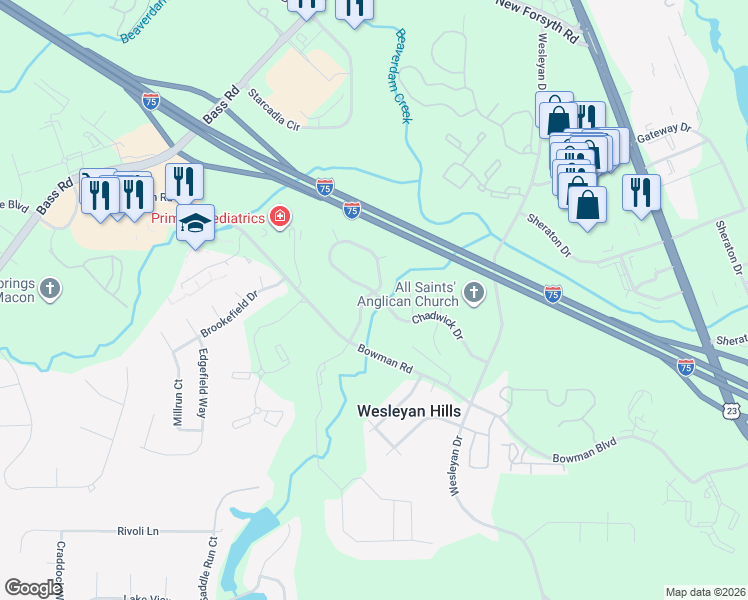 map of restaurants, bars, coffee shops, grocery stores, and more near 135 Chadwick Trail in Macon