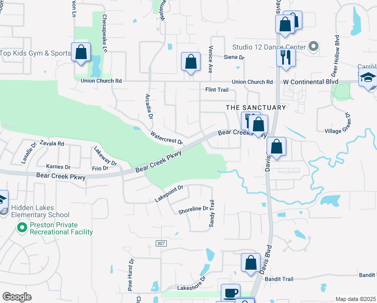 map of restaurants, bars, coffee shops, grocery stores, and more near 2700 Bear Creek Parkway in Keller