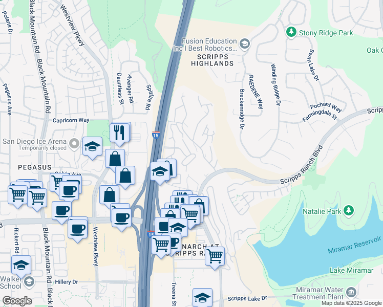 map of restaurants, bars, coffee shops, grocery stores, and more near 9995 Scripps Westview Circle in San Diego