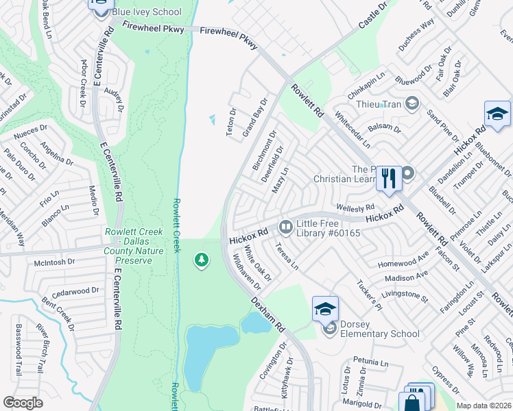 map of restaurants, bars, coffee shops, grocery stores, and more near 6925 Hominy Ridge in Rowlett