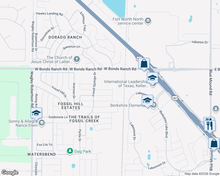 map of restaurants, bars, coffee shops, grocery stores, and more near 304 Marble Creek Drive in Fort Worth