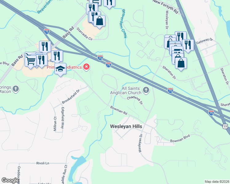 map of restaurants, bars, coffee shops, grocery stores, and more near 135 Chadwick Trail in Macon