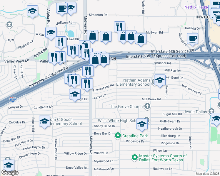 map of restaurants, bars, coffee shops, grocery stores, and more near 4326 Harvest Hill Road in Dallas