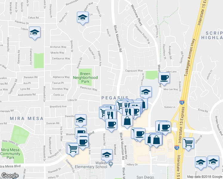 map of restaurants, bars, coffee shops, grocery stores, and more near 9234 Midbury Ct in San Diego