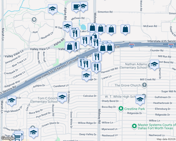 map of restaurants, bars, coffee shops, grocery stores, and more near 4142 Lyndon B Johnson Freeway in Dallas