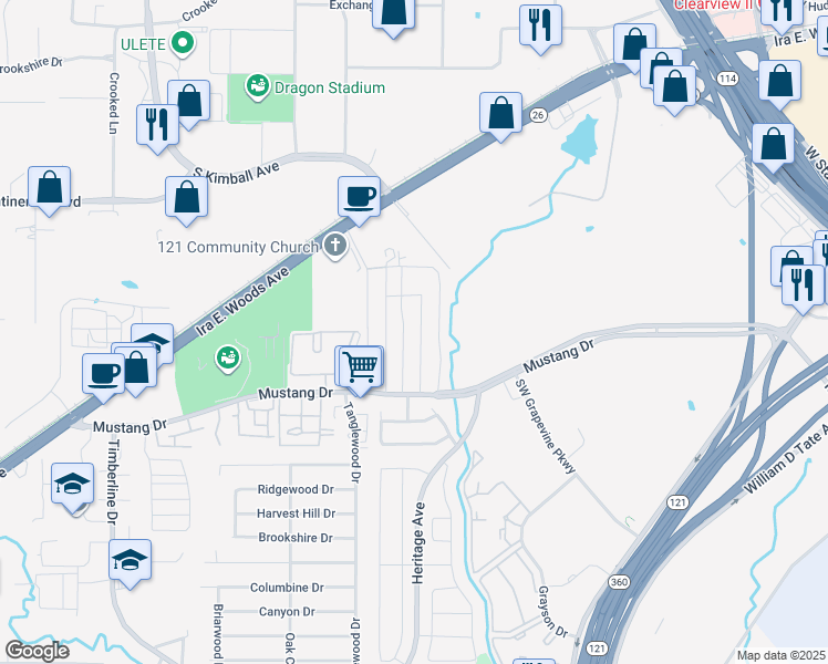 map of restaurants, bars, coffee shops, grocery stores, and more near 129 Overland in Grapevine