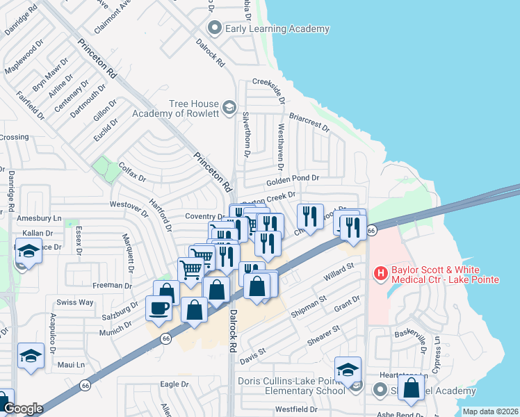 map of restaurants, bars, coffee shops, grocery stores, and more near 7013 Graham Drive in Rowlett