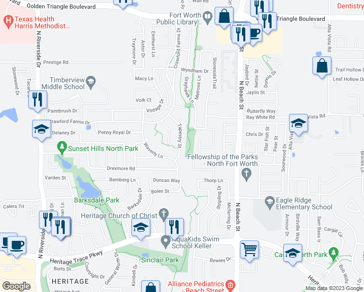 map of restaurants, bars, coffee shops, grocery stores, and more near 10112 Tapestry Street in Fort Worth