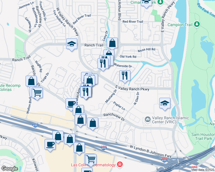 map of restaurants, bars, coffee shops, grocery stores, and more near 528 Southridge Way in Irving