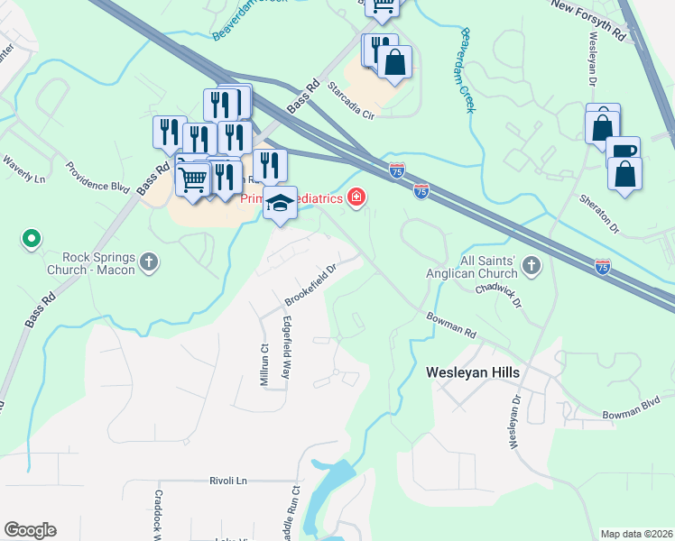 map of restaurants, bars, coffee shops, grocery stores, and more near 112 Brookefield Drive in Macon