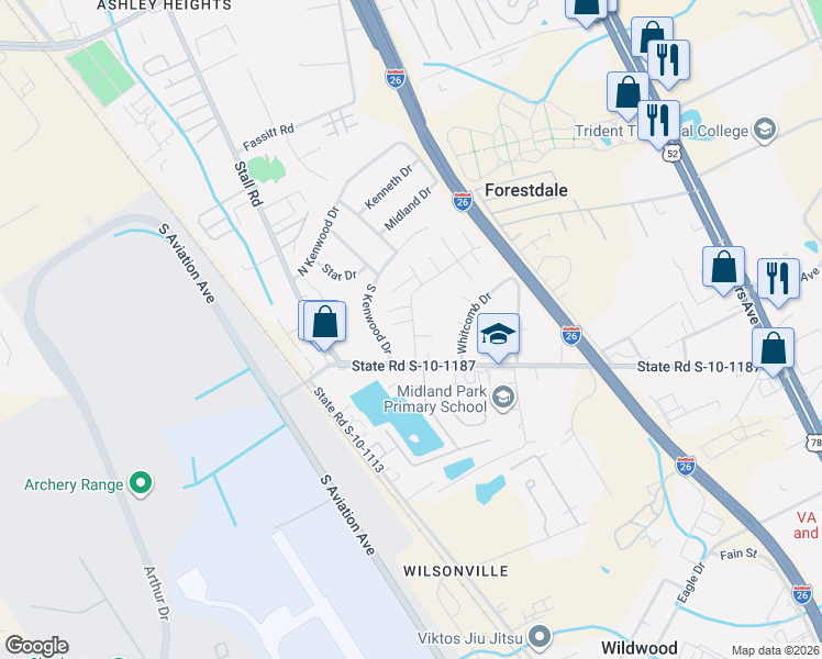 map of restaurants, bars, coffee shops, grocery stores, and more near 6923 Orvin Street in Charleston