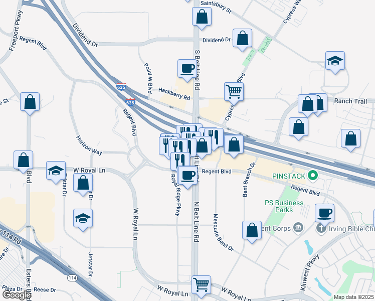 map of restaurants, bars, coffee shops, grocery stores, and more near 8445 North Belt Line Road in Irving