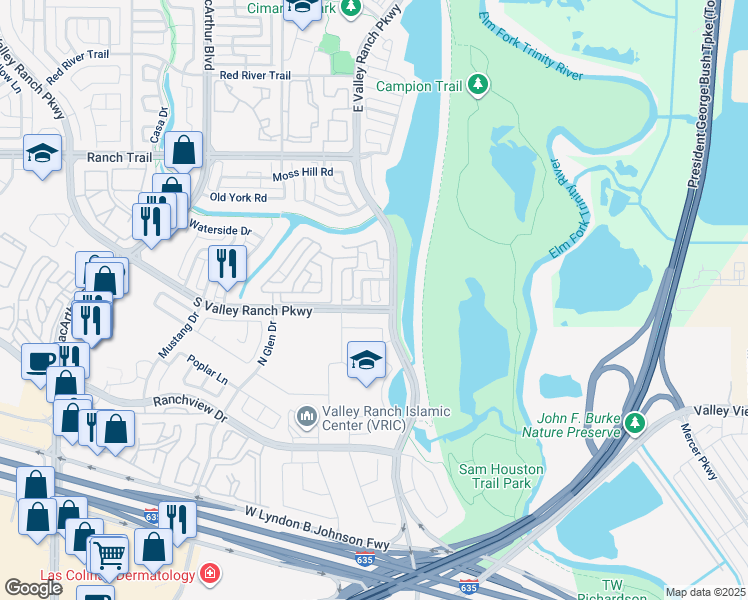 map of restaurants, bars, coffee shops, grocery stores, and more near 8601 Oak Valley Court in Irving
