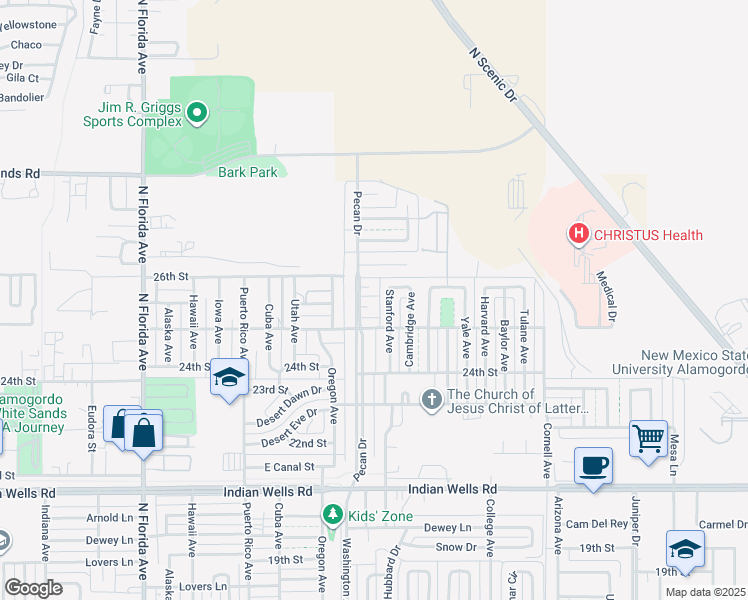 map of restaurants, bars, coffee shops, grocery stores, and more near 2509 Stanford Avenue in Alamogordo