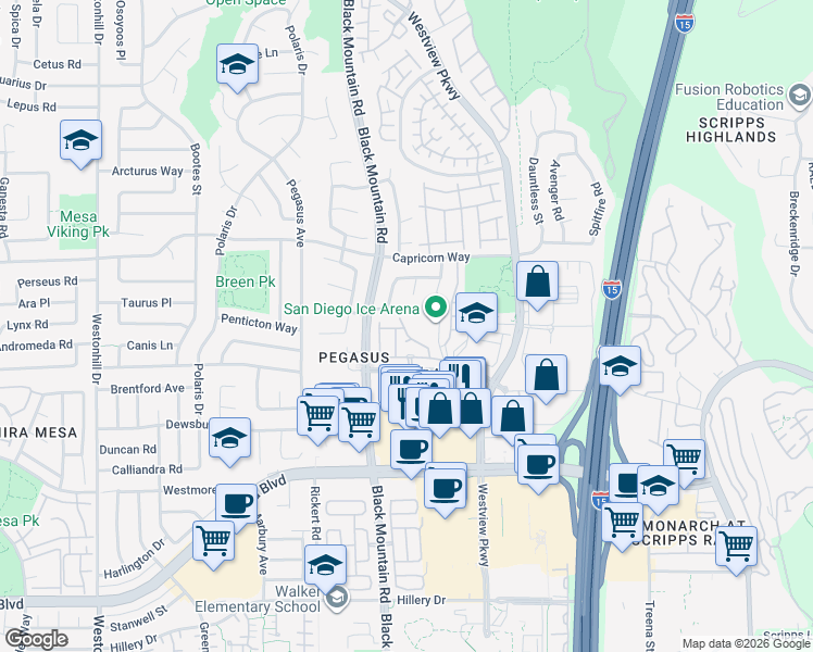 map of restaurants, bars, coffee shops, grocery stores, and more near 9634 Galvin Avenue in San Diego