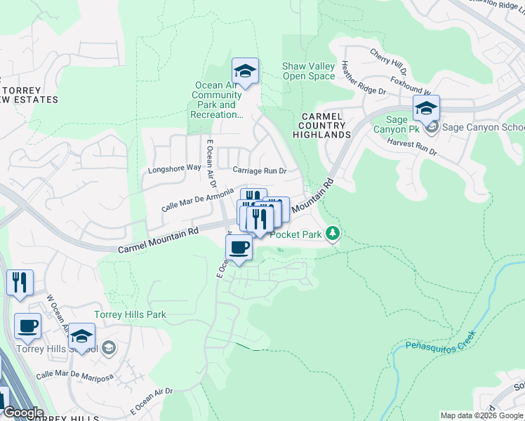 map of restaurants, bars, coffee shops, grocery stores, and more near 11208 Vereda Mar De Corazon in San Diego
