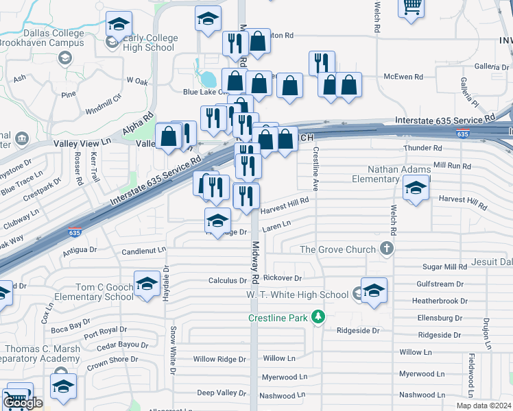 map of restaurants, bars, coffee shops, grocery stores, and more near 12755 Midway Road in Dallas