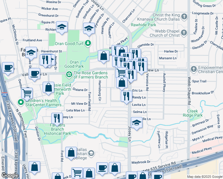 map of restaurants, bars, coffee shops, grocery stores, and more near 12818 Wilmington Drive in Farmers Branch