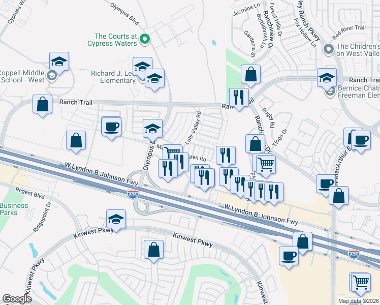 map of restaurants, bars, coffee shops, grocery stores, and more near 8611 Augustine Road in Irving