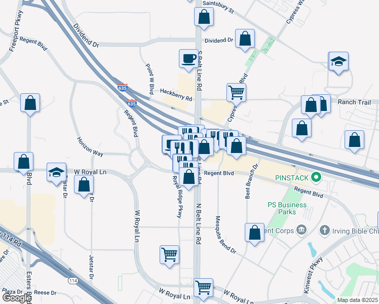map of restaurants, bars, coffee shops, grocery stores, and more near 8600 North Belt Line Road in Coppell