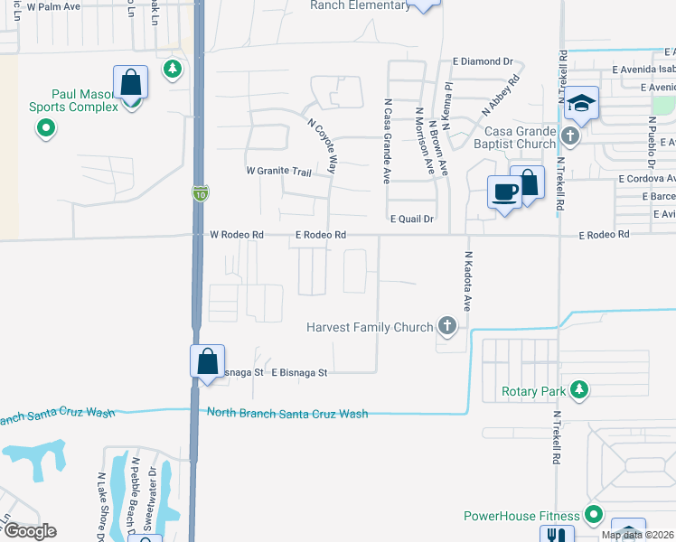 map of restaurants, bars, coffee shops, grocery stores, and more near 2364 North Horseshoe Circle in Casa Grande