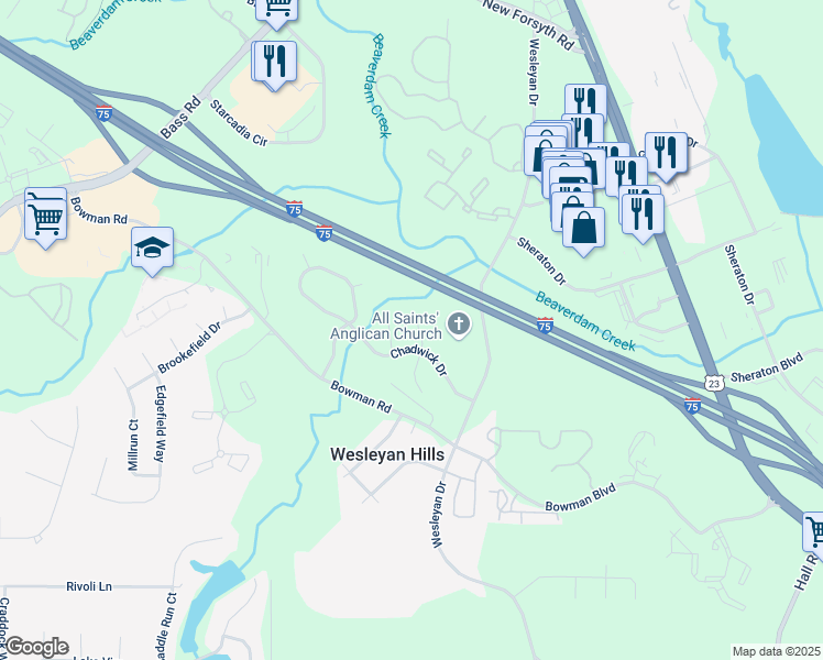 map of restaurants, bars, coffee shops, grocery stores, and more near 106 Eastwick Court in Macon