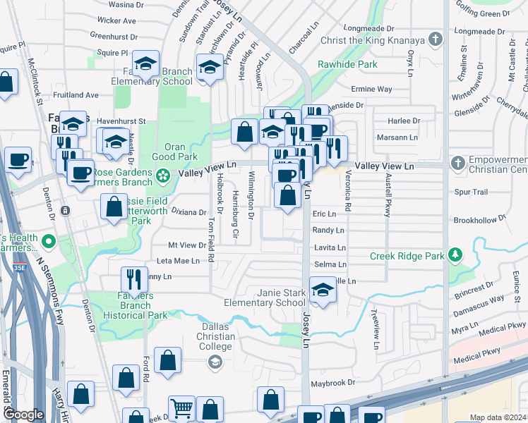map of restaurants, bars, coffee shops, grocery stores, and more near 2812 Lineville Drive in Farmers Branch