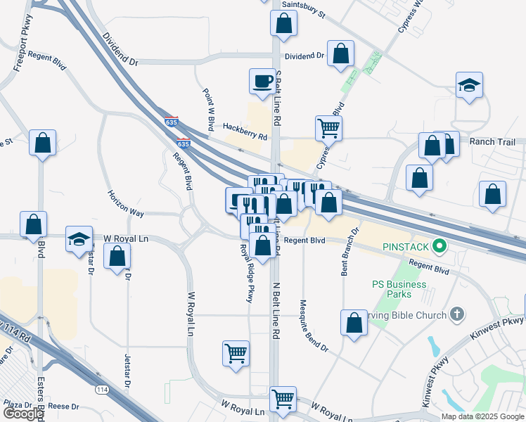 map of restaurants, bars, coffee shops, grocery stores, and more near 8600 North Belt Line Road in Coppell