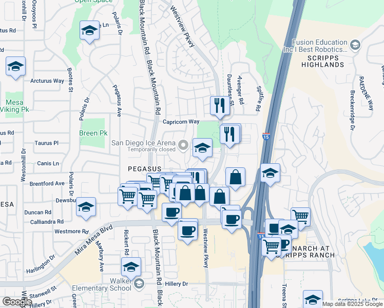 map of restaurants, bars, coffee shops, grocery stores, and more near 11061 Ice Skate Place in San Diego