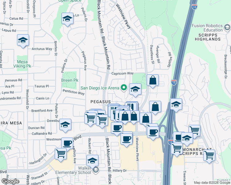 map of restaurants, bars, coffee shops, grocery stores, and more near 9634 Galvin Avenue in San Diego