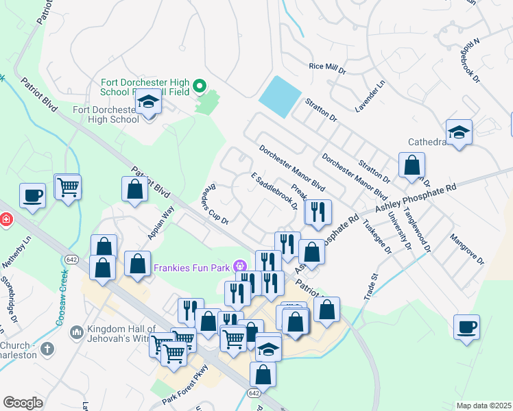 map of restaurants, bars, coffee shops, grocery stores, and more near 4741 East Bluegrass Drive in North Charleston
