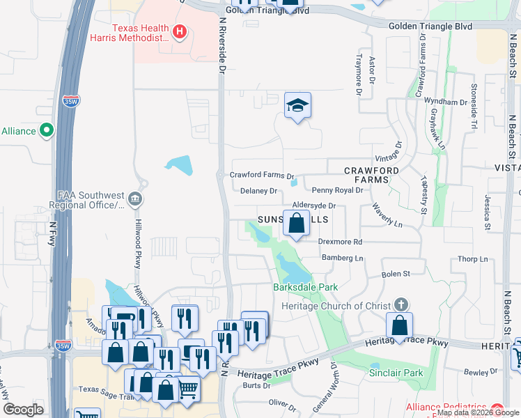 map of restaurants, bars, coffee shops, grocery stores, and more near 3700 Aldersyde Drive in Fort Worth