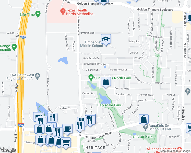 map of restaurants, bars, coffee shops, grocery stores, and more near 3712 Aldersyde Drive in Fort Worth