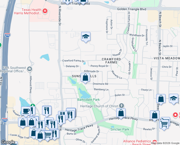 map of restaurants, bars, coffee shops, grocery stores, and more near 10016 Channing Road in Fort Worth