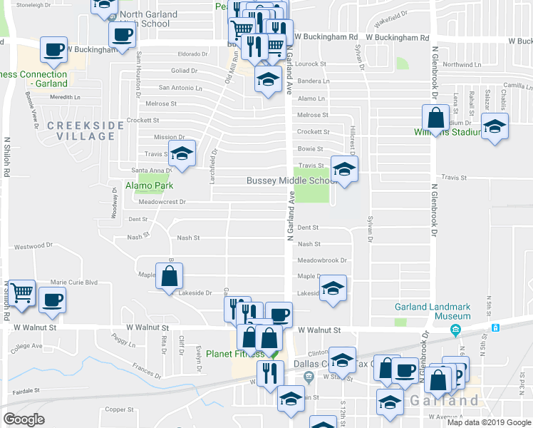 map of restaurants, bars, coffee shops, grocery stores, and more near 1425 Dent Street in Garland