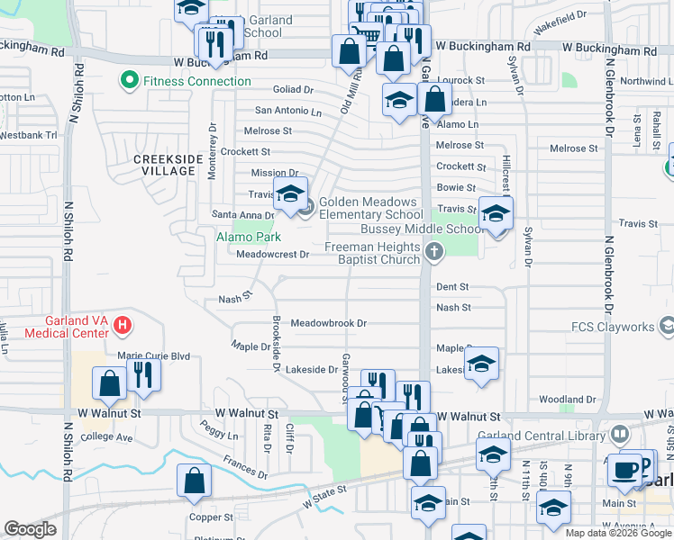 map of restaurants, bars, coffee shops, grocery stores, and more near 1509 Dent St in Garland